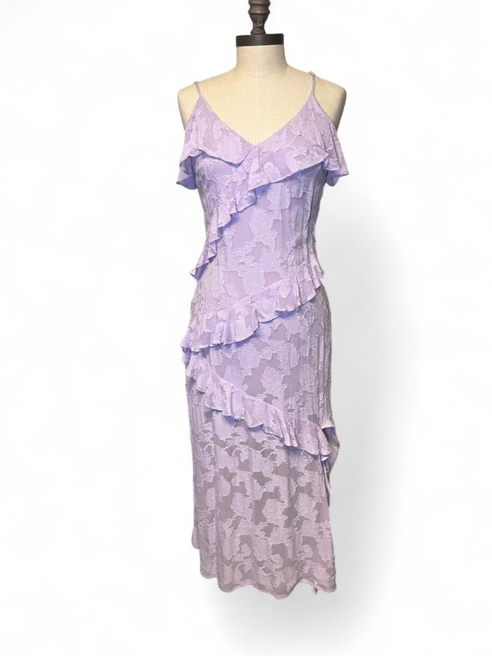 BHLDN Lavender Lace Ruffle Maxi Dress